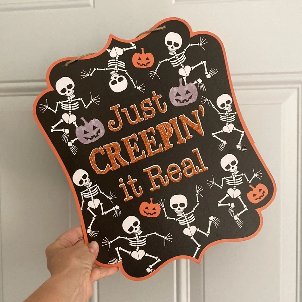 Halloween front door sign Just Creepin’ it Real NEW skeletons pumpkins decor